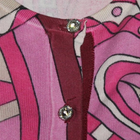 Ann Taylor Pink Mod Swirl Crystal Buttons Silk Blend Cardigan Sweater - Picture 5 of 10